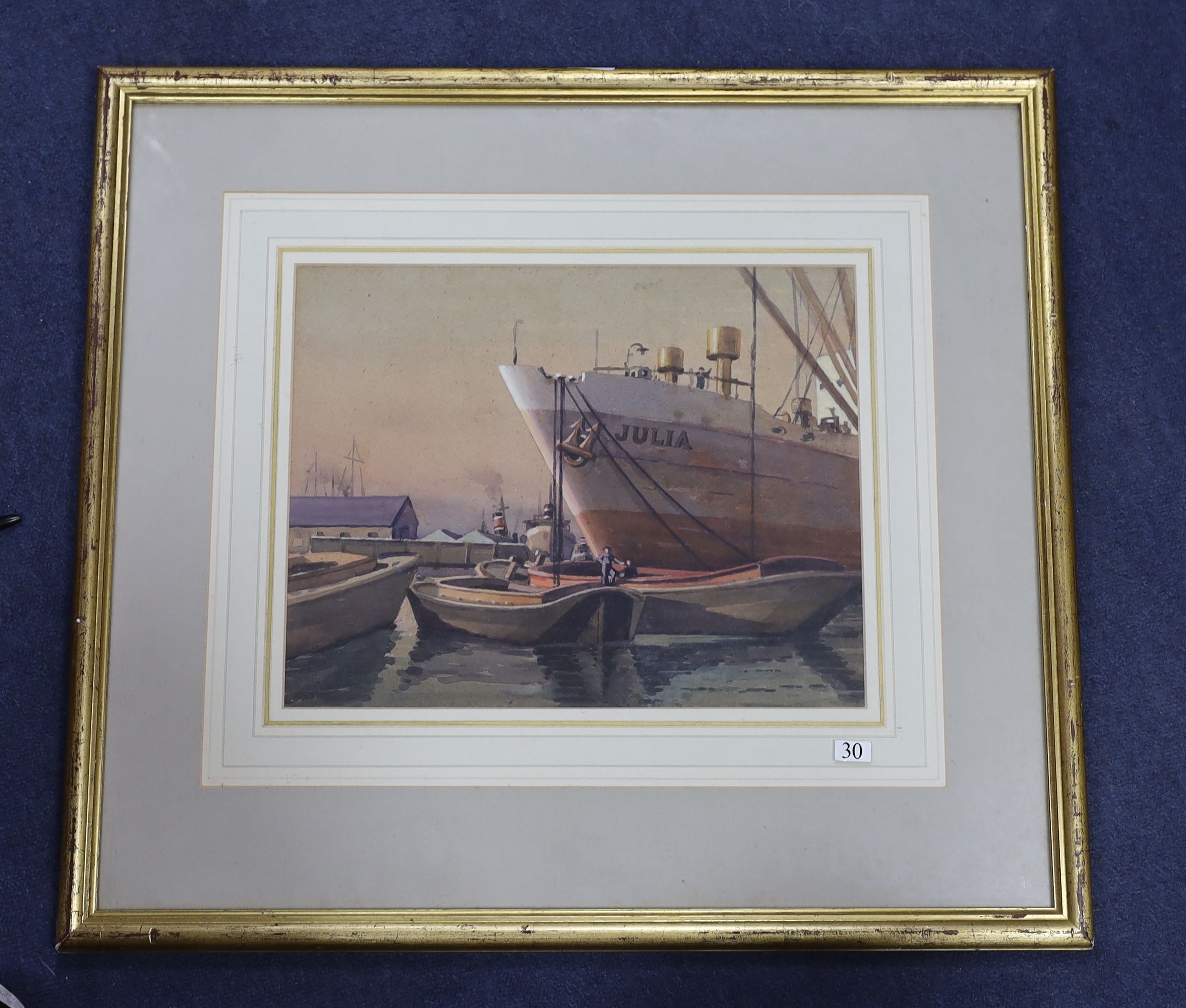 James Charles Middleton (b.1894), watercolour, 'Julia, Surrey Docks', exhibition label verso, 28 x 36cm.